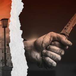 Zwei Bilder, geteilt durch einen Riss: Links Heidelberg, rot eingefärbt, rechts eine männliche blutverschmierte Hand, die ein Messer hält.
