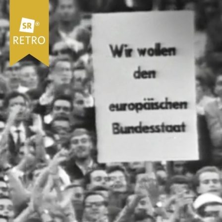 Menschenmenge protestiert, Plakat "Wir wollen den europäischen Bundesstaat"