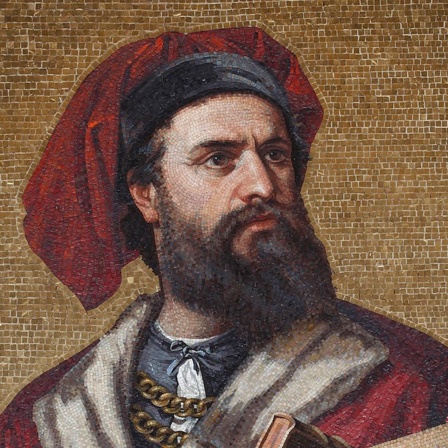Marco Polo auf einem Mosaik im Palazzo Doria-Tursi aus dem 19. Jahrhundert