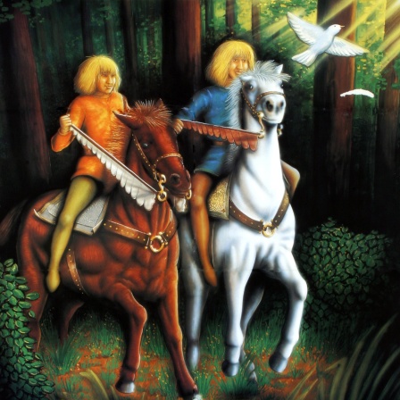 Zeichnung: Zwei Männerfiguren auf Pferden.