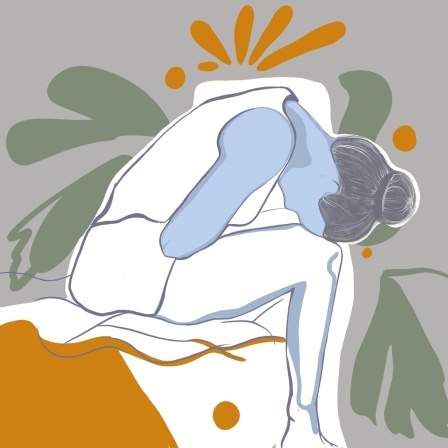 Illustration einer Frau, die gekrümmt auf einem Bett sitzt.