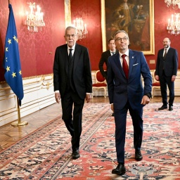 Bundespräsident Van der Bellen und der FPÖ-Vorsitzende Kickl gehen nebeneinander in der Wiener Hofburg einen Flur entlang.