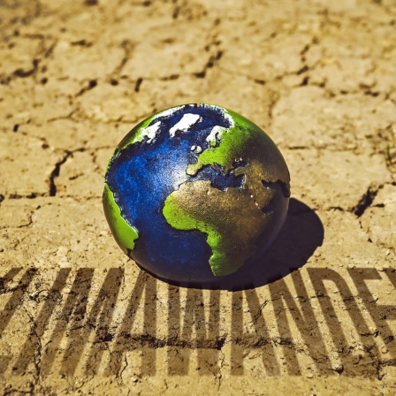 Eine Erdkugel auf ausgetrocknetem Boden mit dem Schriftzug Klimawandel (Symbolbild)
