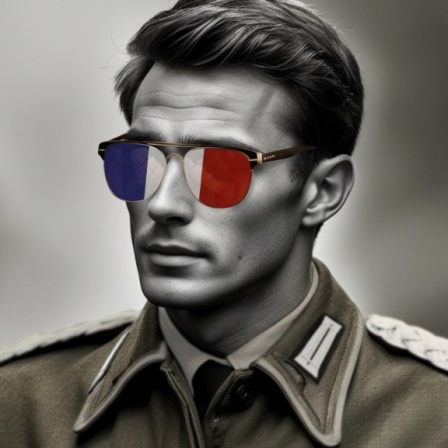 Das Bild oben zeigt einen jungen Soldaten in DDR-Uniform. Er trägt eine Sonnenbrille, in der sich die französische Flagge spiegelt.