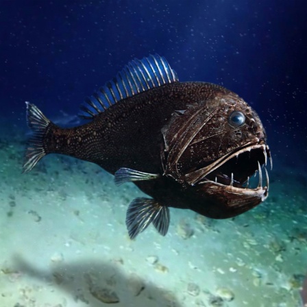 Fangzahn (Anoplogaster cornuta), ein Tiefseefisch, der weltweit in gemäßigten und tropischen Ozeanen in Tiefen von 2.000 bis 5.000 Metern vorkommt