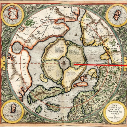 Mercator-Karte (1595) mit dem Rupes nigra in der Mitte; aber auch, oben Richtung Beringstraße, einem weiteren Magnetberg mit Bezug zu den Kapverdischen Inseln und einem weiteren eingezeichneten Magnetpol.