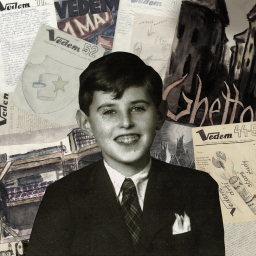 Bild-Collage in schwarz-weiß zeigt Petr Ginz als Kind im Anzug und das Wort Ghetto