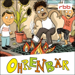 Bunte Zeichnung: aus einem Gitter steigen Flammen auf, ein Junge schaut lächelnd zu, weitere Personen reagieren erschrocken, versuchen zu löschen, erstarren ängstlich oder rennen weg (Quelle: rbb/OHRENBÄR/Horst Klein)