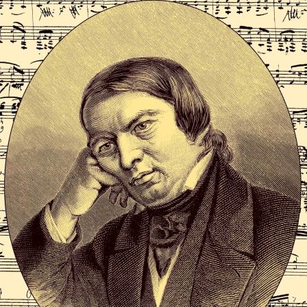Noten-Handschrift und Portrait von Robert Schumann