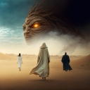 Drei Personen gehen durch die Wüste. Am Horizont ein riesiges monsterhaftes Wesen.