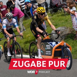 Satirische Bildmontage: Tour de France Fahrer mit Lastenrad und Anhänger