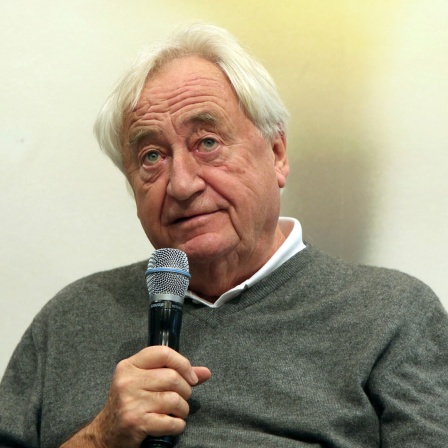 Ein Mann mit weißen Haaren schaut nachdenklich nach oben. Er hält ein Mikrofon in der rechten Hand und trägt einen graugrünen Wollpullover über einem weißen Hemd