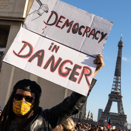 Plakat mit der Aufschrift &#034;Democracy in danger&#034;, daneben der Eiffelturm: Demonstration gegen das globale Sicherheitsgesetz am 21. November 2020 in Paris / Frankreich