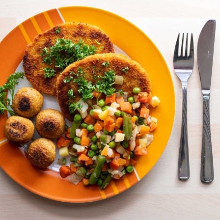 Falafel, vegane Schnitzel und Gemüse liegen garniert mit Petersilie auf einem Teller in einer Küche