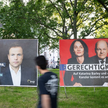 Europawahl 2024 Ein Passant betrachtet sich im Vorbeigehen die Wahlwerbeaufsteller der beiden Volksparteien CDU links und SPD rechts für die Europawahl 2024