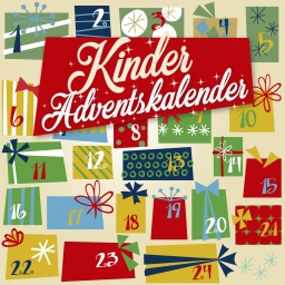 Ein rotes Schild mit „Kinder-Adventskalender“ umgeben von bunt gestalteten Türchen mit Zahlen und weihnachtlichen Motiven auf beigem Hintergrund.