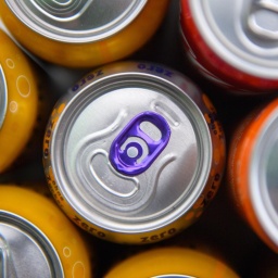 Getränkedosen aus Aluminium von oben betrachtet. Sie enthalten in der Regel Softdrinks und Limonaden. 