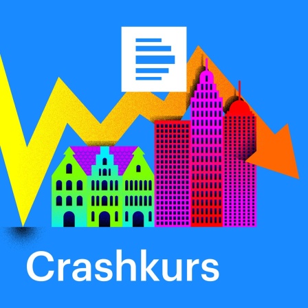 Crashkurs - Wirtschaft trifft Geschichte: Das Podcast-Logo zeigt einige Häuser, über denen ein Börsenkurs verläuft. Manche der Häuser erinnern an Bankenhochhäuser. Der Börsenkurs endet fallend.