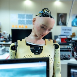 Ein Roboter mit dem Gesicht einer Frau. Aus dem Kopf schauen elektronische Bauteile heraus.