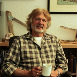 Arved Fuchs sitzt mit einer Kaffeetasse in der Hand vor seinem Bücherregal und lächelt in die Kamera.