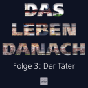 Eine dunkelblaue, fast schwarze Fläche, auf der in großen Buchstaben mittig "Das Leben danach" steht. Durch die Buchstaben davon scheint ein Foto, welches die Synagogentür von Halle zeigt. Darunter ist deutlich kleiner der Schriftzug "Folge 3: Der Täter" zu erkennen.