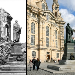 Die Bildkombo zeigt zwei Ansichten der Dresdner Frauenkirche mit dem Denkmal von Martin Luther, von 1971 und 2006