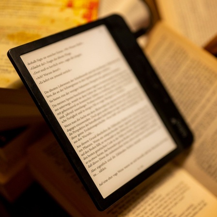 Ein eingeschalteter E-Book-Reader liegt auf einem Stapel Papierbücher. © dpa/Monika Skolimowska 