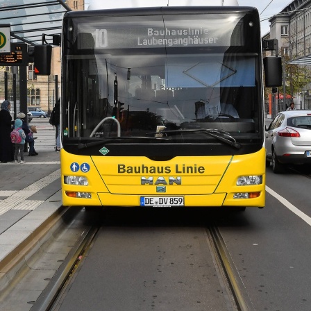 Ein Bus steht in der Bus - und Strassenbahnhaltestelle Bauhuamuseum/Rathauscenter in der Kavalierstrasse. 