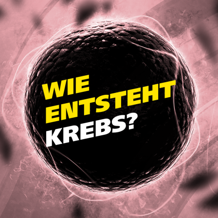 Schwarze Krebszelle vor abstrakter Textur. Schrift: Wie entsteht Krebs?