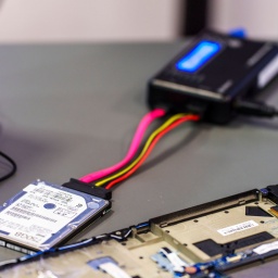  Eine Festplatte aus einem beschädigten Laptop wird ausgelesen und mit Hilfe von künstlicher Intelligenz (KI) ausgewertet