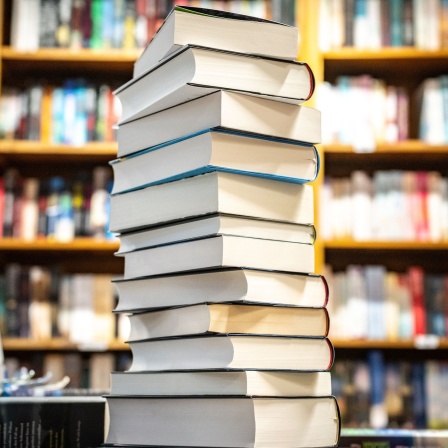Ein Stapel Bücher auf einem Tisch.