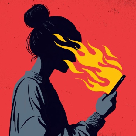 Illustration, die eine Frau mit einem Dutt zeigt, die ein Smartphone in der Hand hält, aus dem orangefarbene Flammen auf ihr Gesicht züngeln. Der Hintergrund ist in einem kräftigen Rot gehalten, das mit der dunklen Silhouette der Frau kontrastiert.