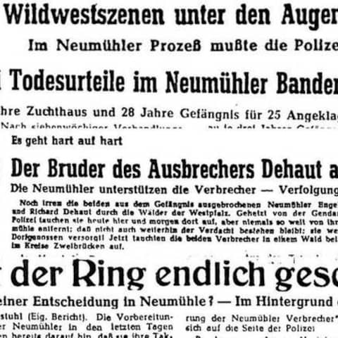 Schlagzeilen aus verschiedenen Zeitungen zum Neumühler Banden-Prozess 1949