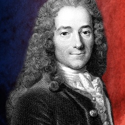 Voltaire vor einem blau-roten Hintergrund.