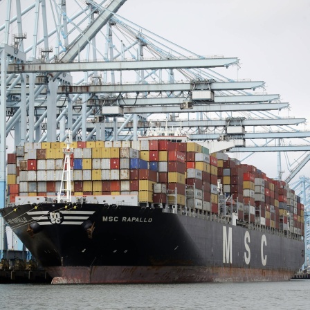 ein Containerschiff steht am Hafen von Los Angeles