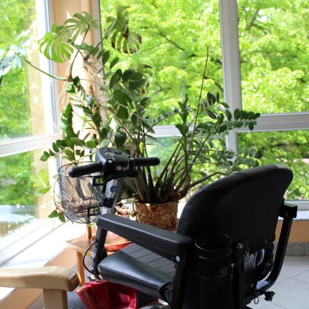 Ein leerer Rollstuhl steht an einem Fenster