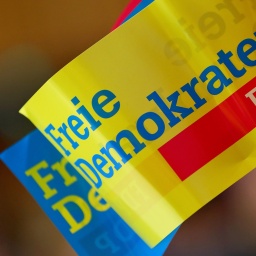 Fähnchen mit dem FDP-Logo stehen auf einem Tisch.