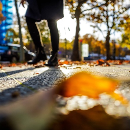 Herbstliche und sonnige Atmosphäre. Eine schlanke dunkle Gestalt läuft am Kurfürstendam