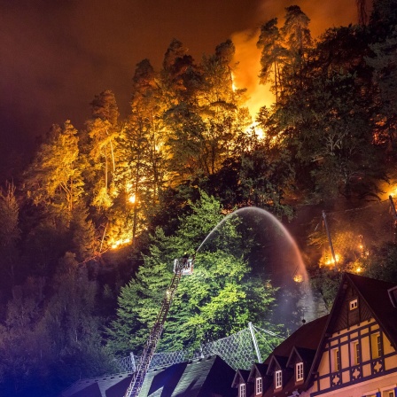 Flammen lodern direkt hinter Häusern während ein Feuerwehrmann veruscht mit seinem Schlauch zu löschen.