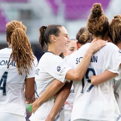July 5, 2021, Orlando, Florida, United States: Orlando, Florida, July 4th 2021: North Carolina Courage players celebrate Havana Solaun (19 North Carolina Courage) scoring their second goal during the National Women's Soccer League game between Orlando Pri