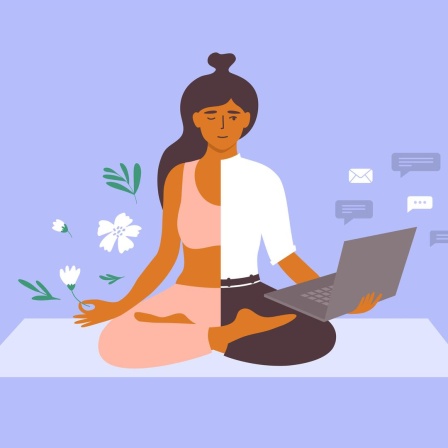 Vektorillustration des Work-Life-Balance-Konzepts mit einer Geschäftsfrau, die auf einer Yogamatte meditiert und Laptop und Blume in der Hand hält
