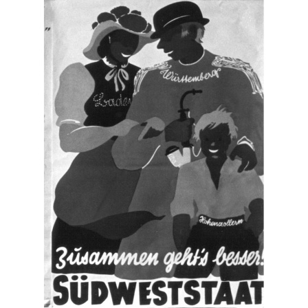 Plakat aus dem Jahr 1950 für die Abstimmung über die Fusion von Württemberg-Baden, Württemberg-Hohenzollern und Baden zu einem Südweststaat wirbt mit dem Slogan &#034;Zusammen geht&#039;s besser&#034;. Die drei Länder wurden 1952 zum Bundesland Baden-Württemberg vereinigt.