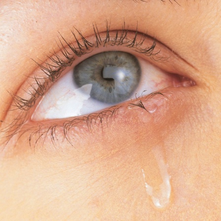 Nahaufnahme des blauen Auges einer weinenden Frau, die nach oben schaut