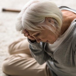 Eine ältere Frau sitzt auf dem Boden und hält sich den Kopf. 