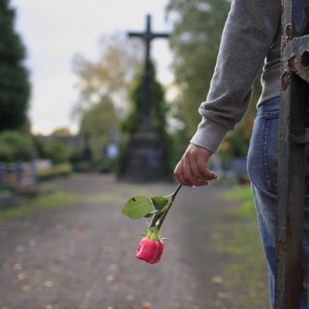 Junge Frau mit einer Rose auf dem Friedhof