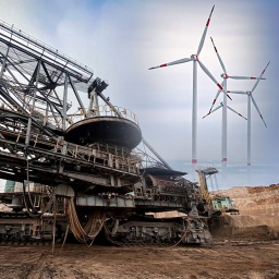 Schweres Gerät im Braunkohle-Tagebau vor Landschaft mit Windrädern. 