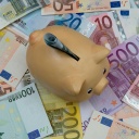 Ein Sparschwein steht auf verschiedenen Euro-Banknoten.