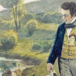 Franz Schubert an einem Bachlauf in grüner Landschaft mit Buschwerk (Gemälde).