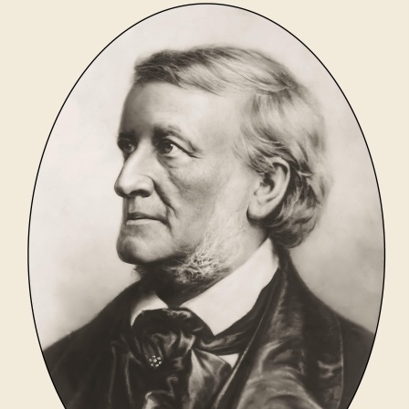 Ein altes Portrait vom Komponisten Richard Wagner im Profil in schwarz-weiß.