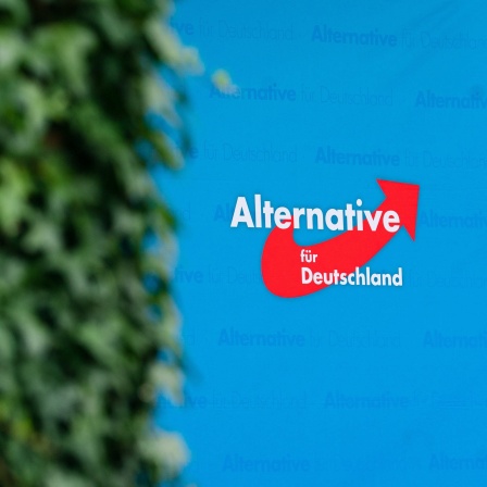 Ein Plakat mit dem Logo der Partei Alternative für Deutschland (AfD) ist beim Politischen Frühschoppen auf dem Volksfest Gillamoos im Schlossgarten angebracht.